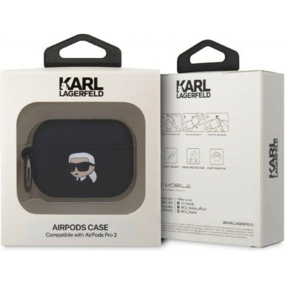 Coque AirPods Pro / Pro 2 - Karl Lagerfeld silicone 3D tête Karl - Noir