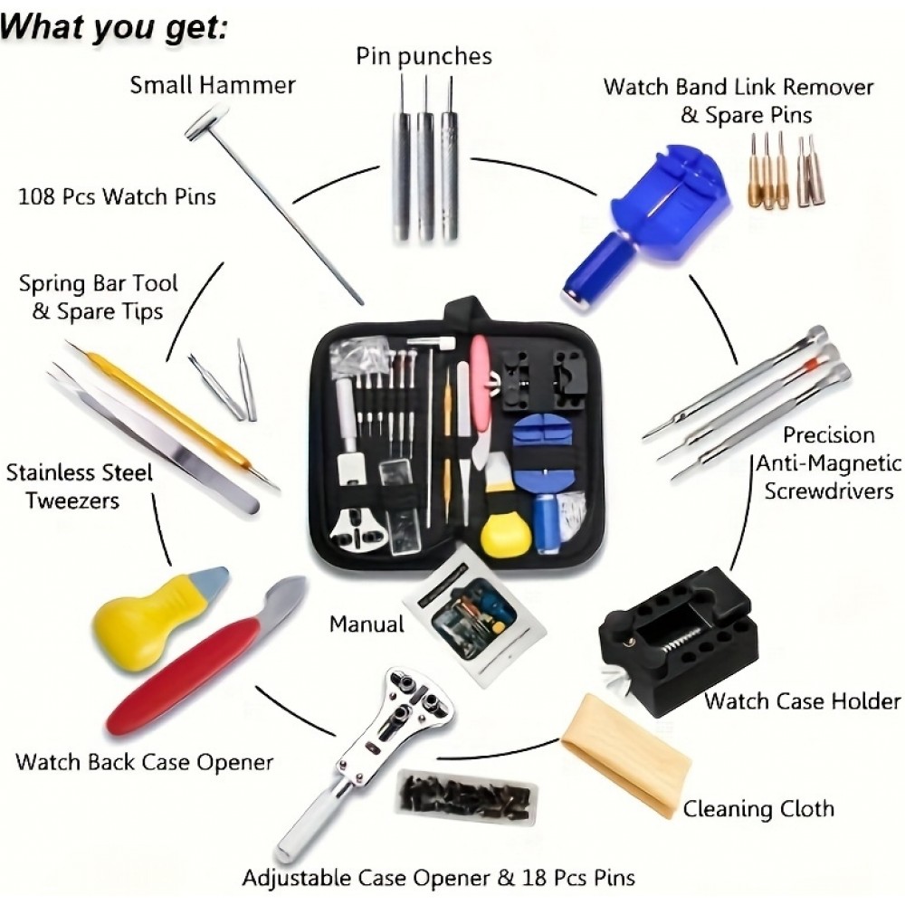 Kit outils r&eacute;paration montre (147 pi&egrave;ces) set d'horloger complet - Noir