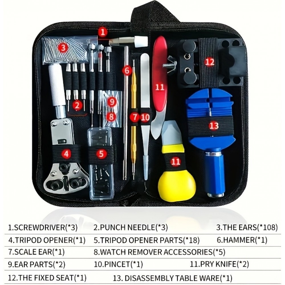 Kit outils r&eacute;paration montre (147 pi&egrave;ces) set d'horloger complet - Noir