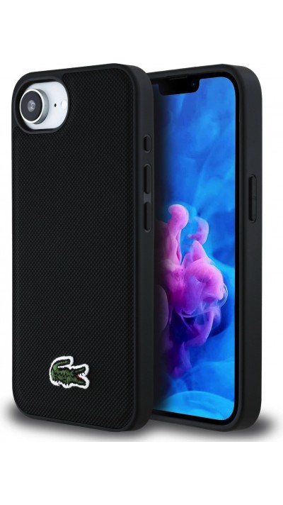iPhone 16e Case Hülle - Lacoste Petit Piqué Effekt mit MagSafe und gesticktem Logo-Patch - Schwarz