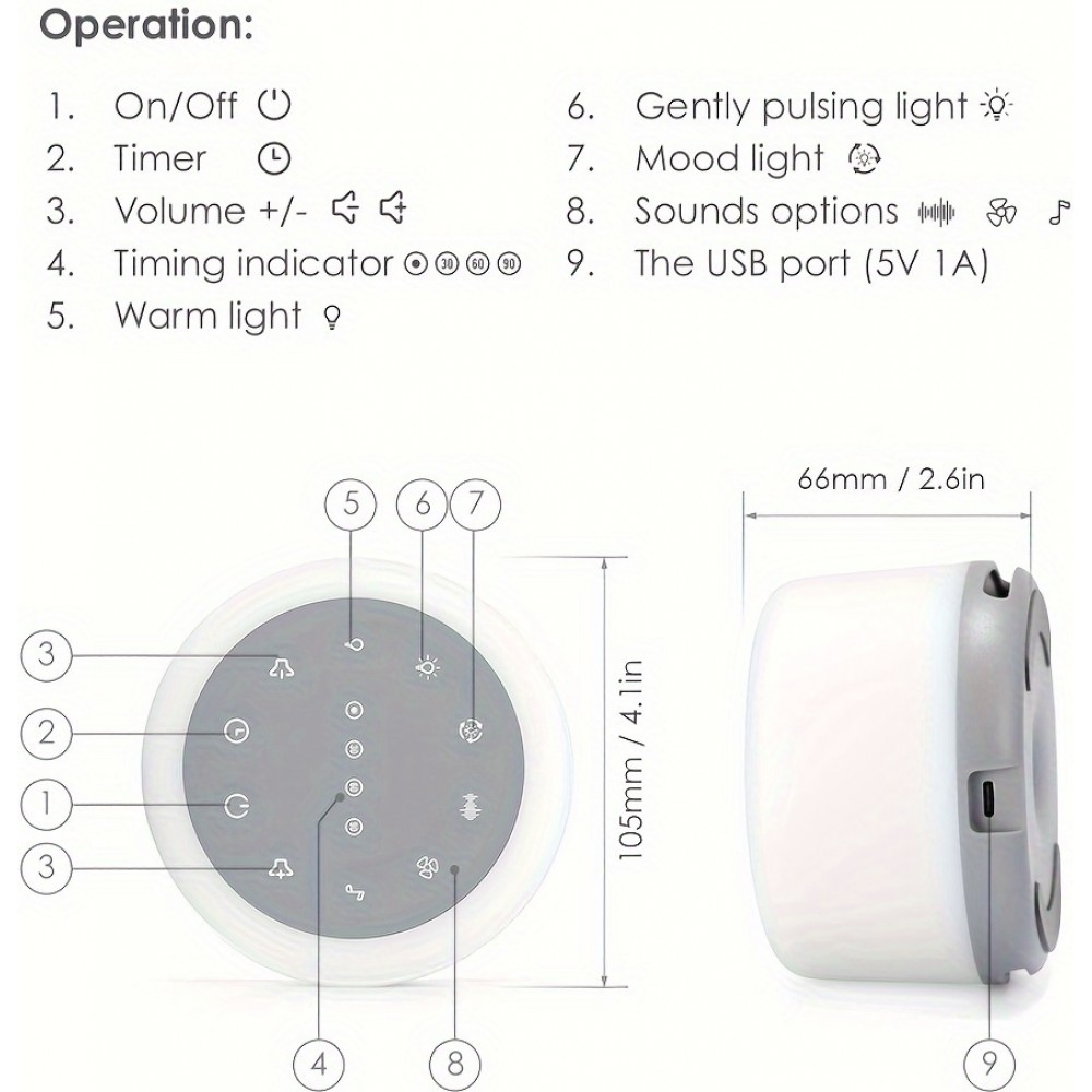 Machine à bruit blanc rechargeable avec lumières colorées (24 sons apaisants et minuterie) pour enfants et adultes