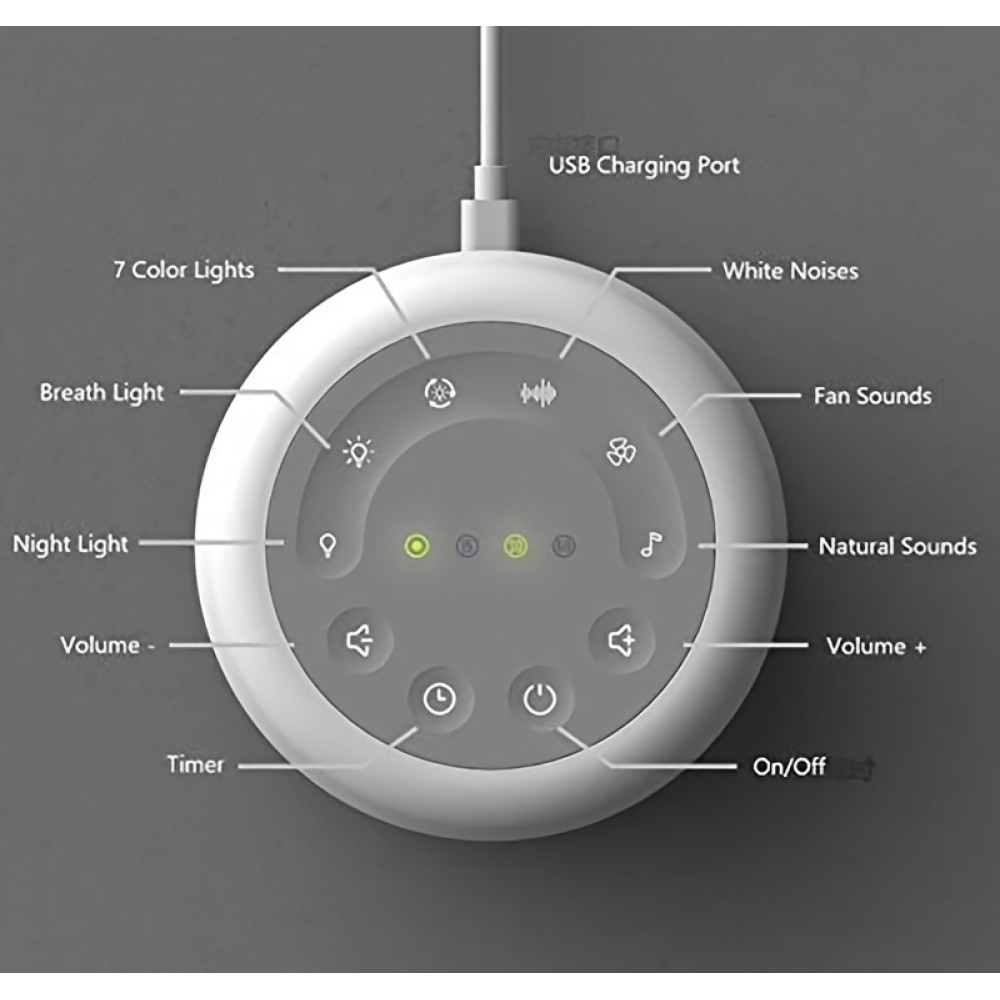 Machine à bruit blanc rechargeable avec lumières colorées (24 sons apaisants et minuterie) pour enfants et adultes