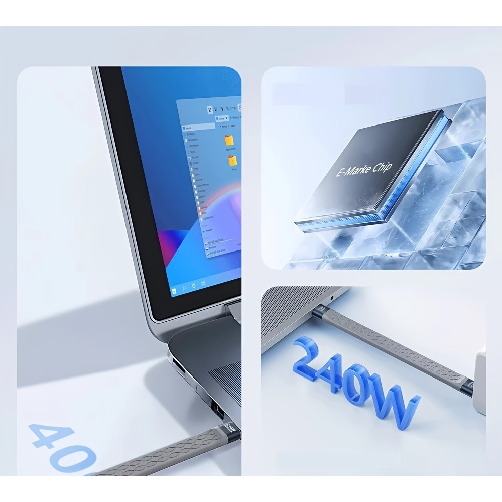 Mini c&acirc;ble plat USB-C PD 240W USB4 40 Gbps 8K@60 Hz compatible Thunderbolt - Gris