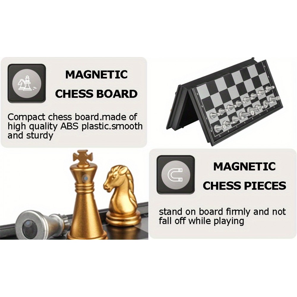 Mini jeu d'&eacute;checs magn&eacute;tique pliable portable (12 cm) id&eacute;al pour les voyages avec pi&egrave;ces dor&eacute;es et argent&eacute;es