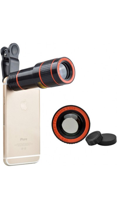 Clip télescopique pour objectif d'appareil photo de smartphone - Zoom optique 12x - Noir