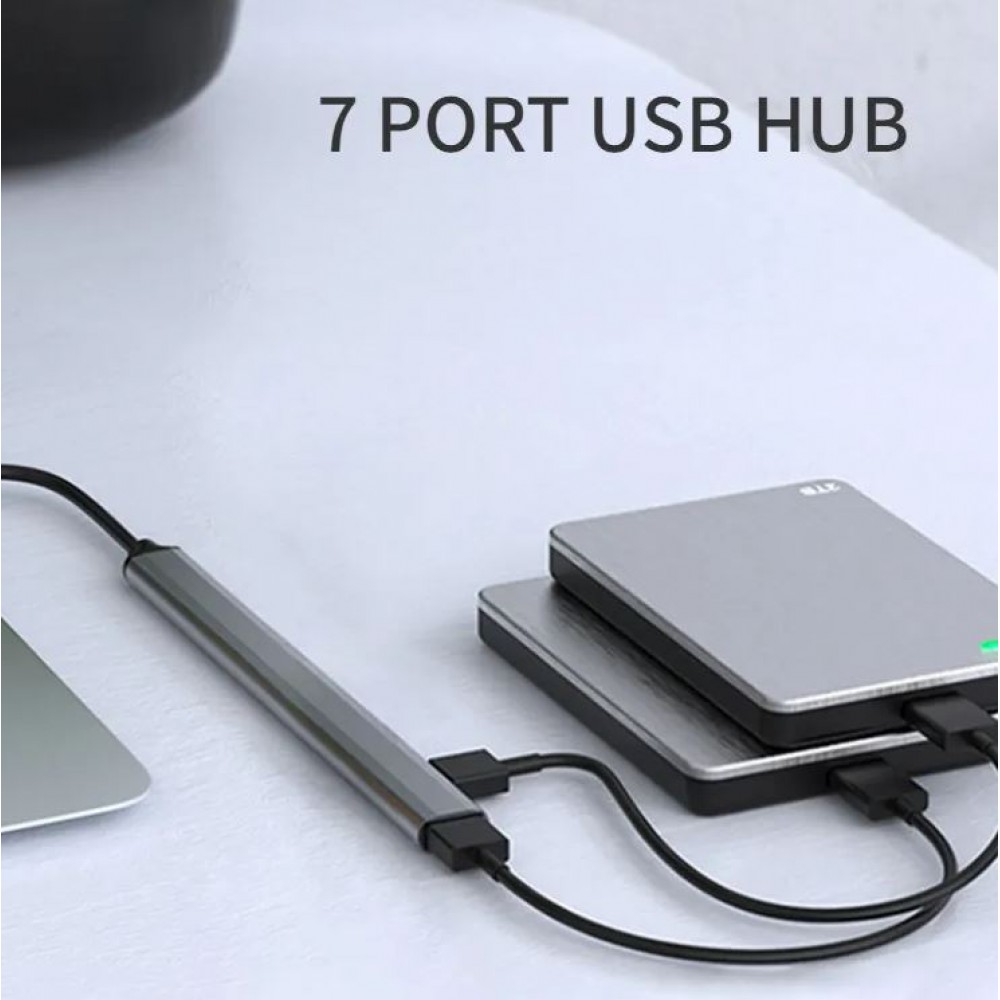 Hub multiport en aluminium avec 7 ports USB-A - Adaptateur USB-A 2.0 pour PC - Argent