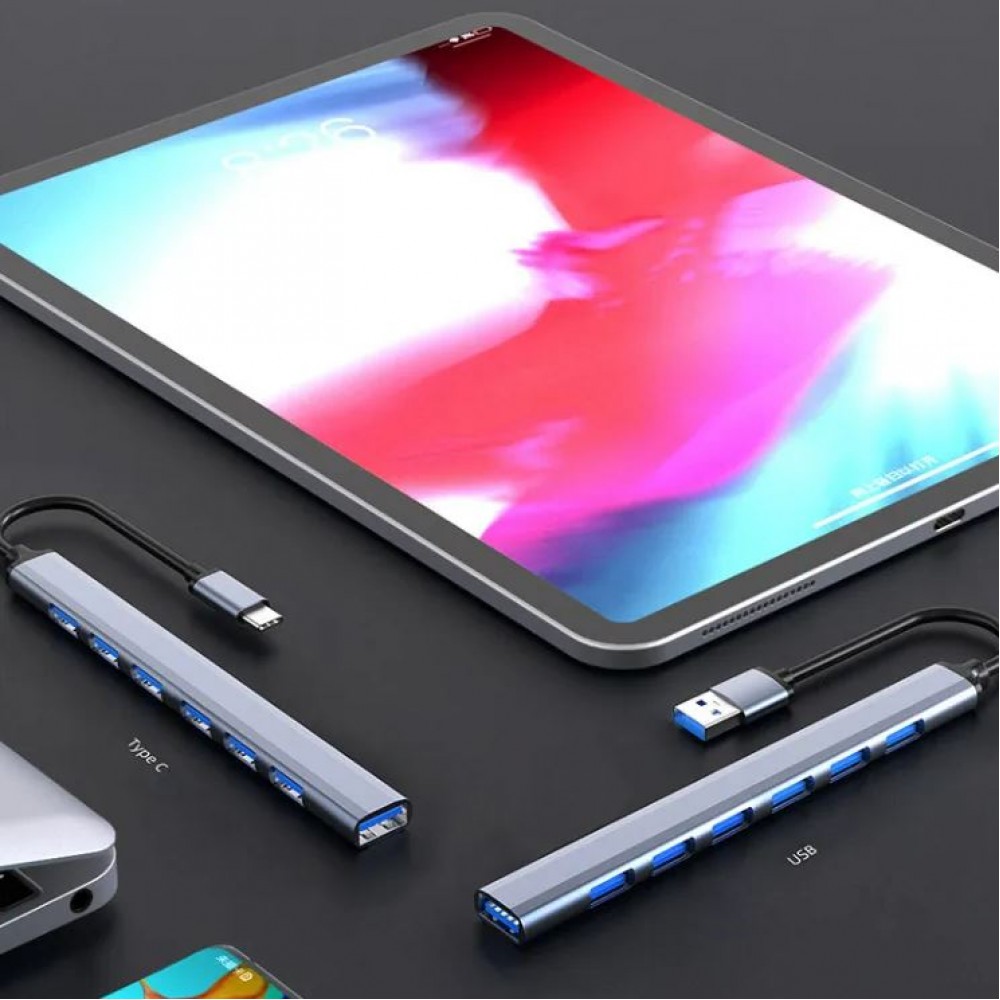 Hub multiport en aluminium avec 7 ports USB-A - Adaptateur USB-A 2.0 pour PC - Argent