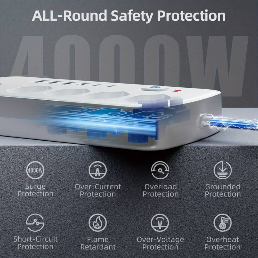 Multiprise 11 en 1 avec protection contre les surcharges (5 prises, 4x USB-A, 2x USB-C, switch on & off) - Blanc