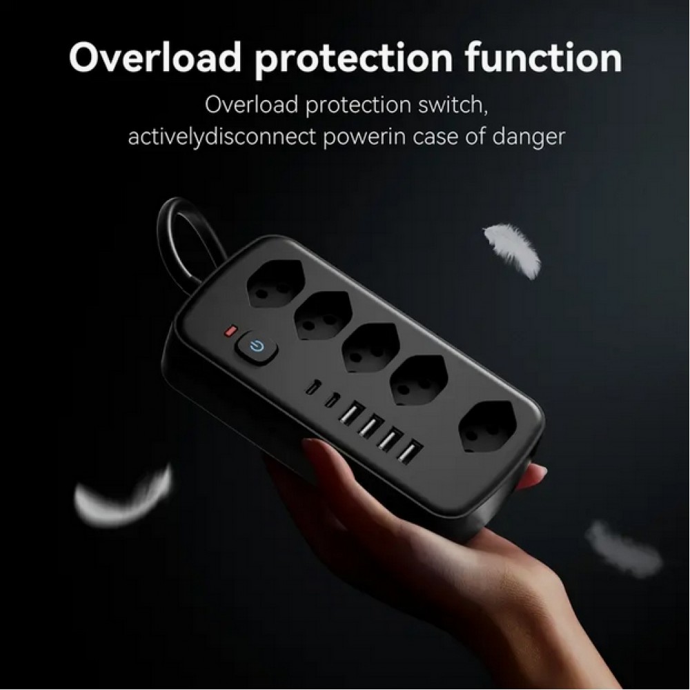 Multiprise 11 en 1 avec protection contre les surcharges (5 prises, 4x USB-A, 2x USB-C, switch on & off) - Noir