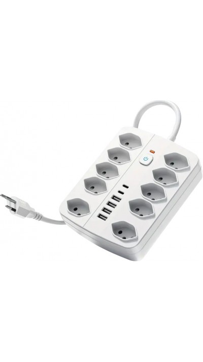 Multiprise 16 en 1 (10 prises AC / 4 ports USB-A / 2 ports USB-C) avec switch On/Off et protection contre surcharge - Blanc