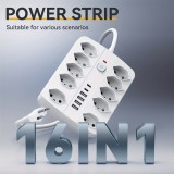 Multiprise 16 en 1 (10 prises AC / 4 ports USB-A / 2 ports USB-C) avec switch On/Off et protection contre surcharge - Blanc