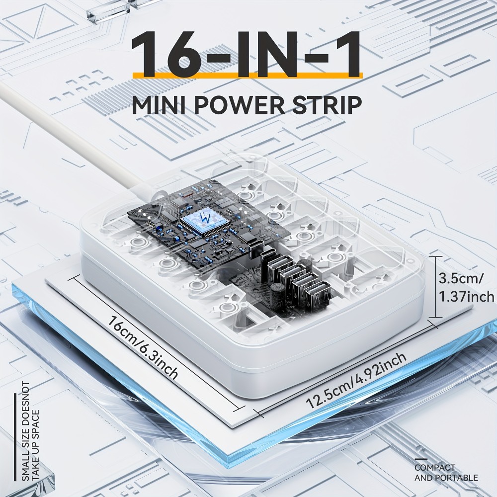 Multiprise 16 en 1 (10 prises AC / 4 ports USB-A / 2 ports USB-C) avec switch On/Off et protection contre surcharge - Blanc