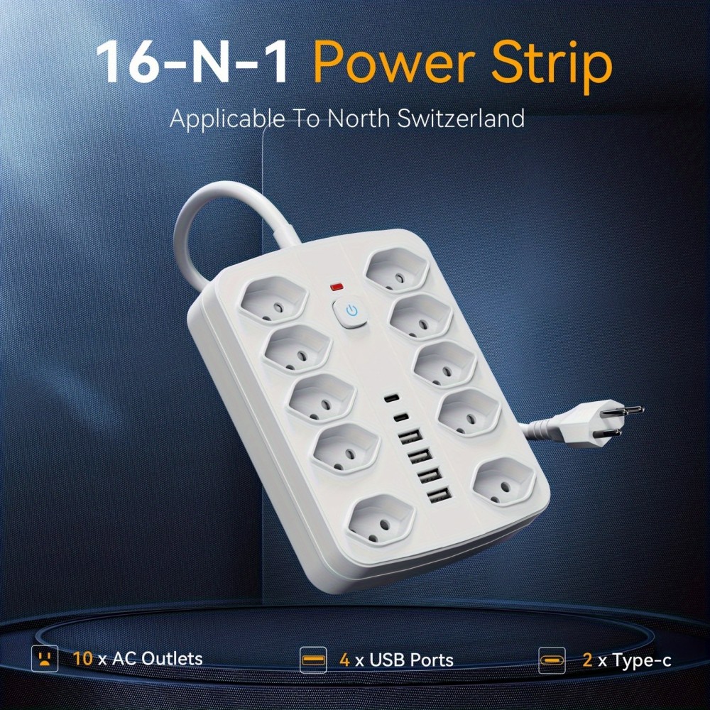 Multiprise 16 en 1 (10 prises AC / 4 ports USB-A / 2 ports USB-C) avec switch On/Off et protection contre surcharge - Blanc