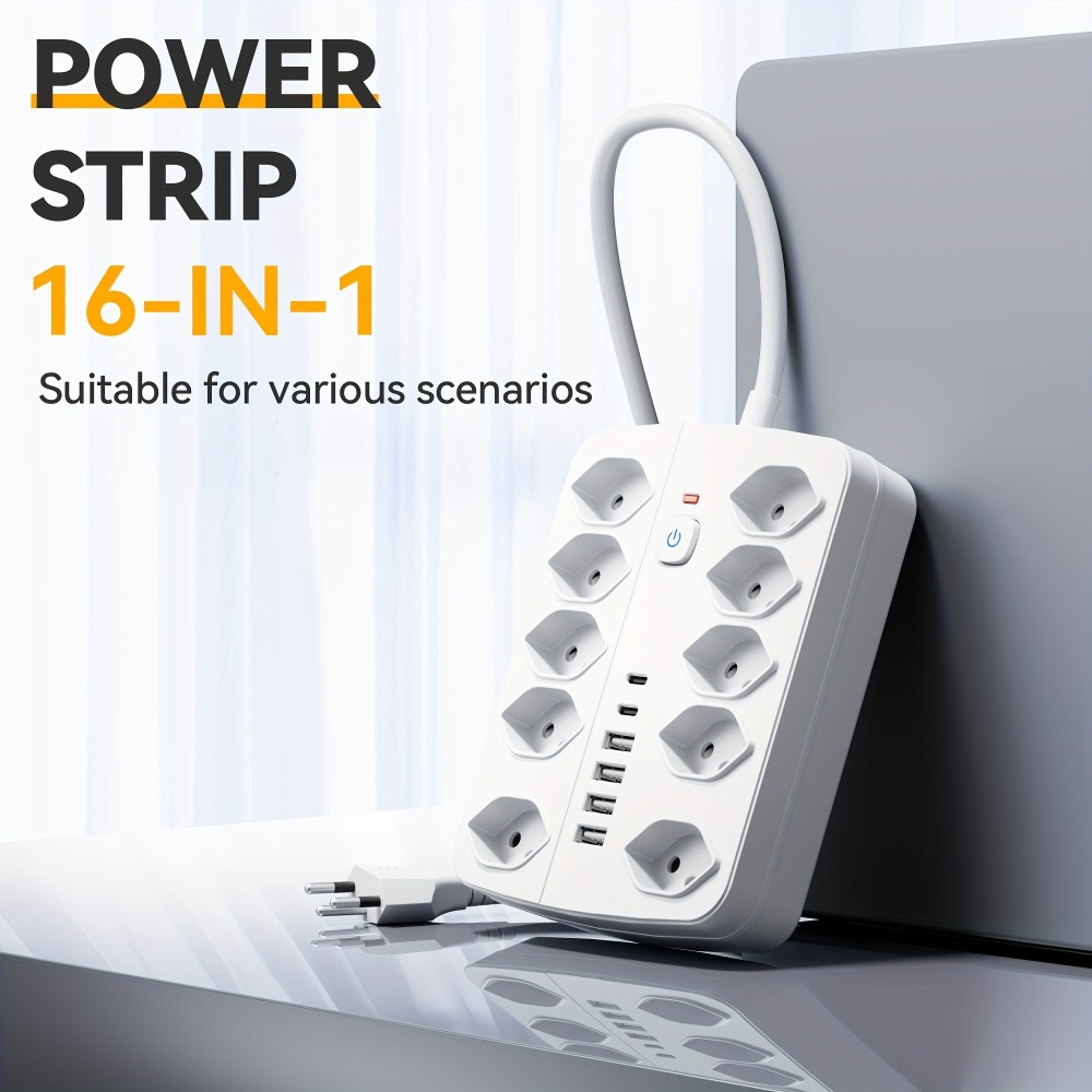 Multiprise 16 en 1 (10 prises AC / 4 ports USB-A / 2 ports USB-C) avec switch On/Off et protection contre surcharge - Blanc