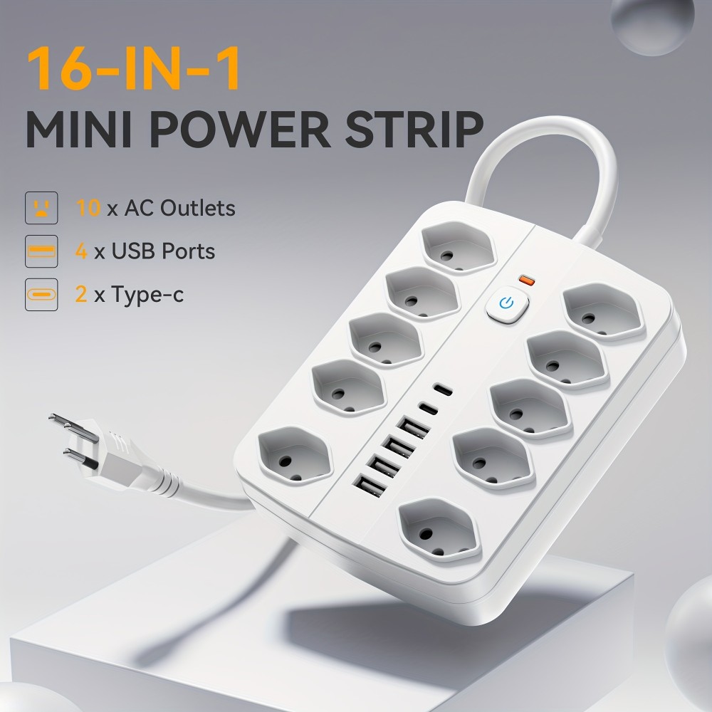 Multiprise 16 en 1 (10 prises AC / 4 ports USB-A / 2 ports USB-C) avec switch On/Off et protection contre surcharge - Blanc