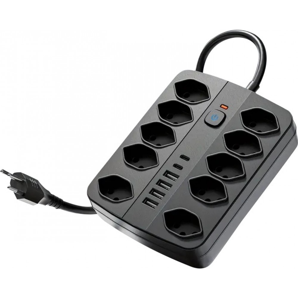 Multiprise 16 en 1 (10 prises AC / 4 ports USB-A / 2 ports USB-C) avec switch On/Off et protection contre surcharge - Noir
