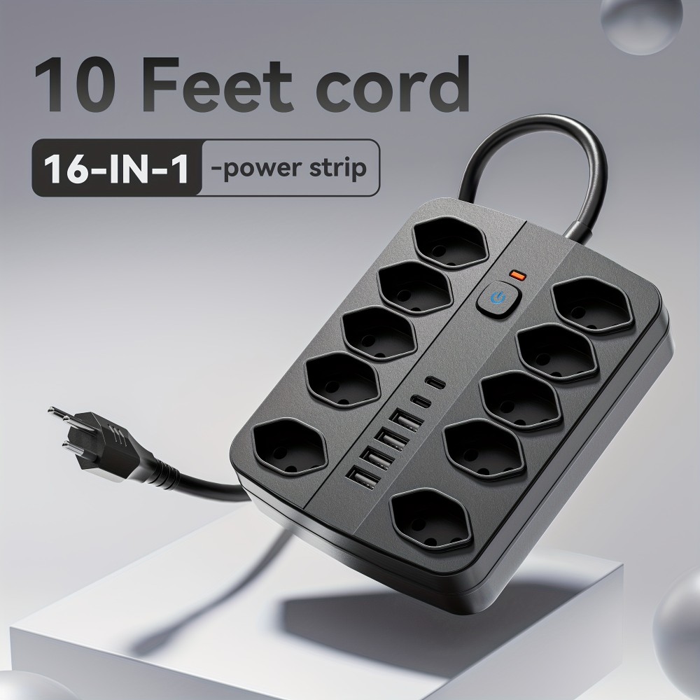Multiprise 16 en 1 (10 prises AC / 4 ports USB-A / 2 ports USB-C) avec switch On/Off et protection contre surcharge - Noir