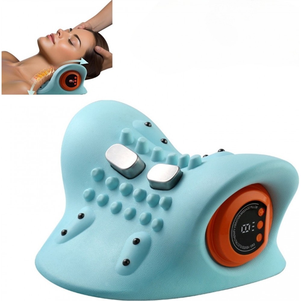 Oreiller support de nuque masseur acupression portable rechargeable pour cou et épaules - Bleu clair