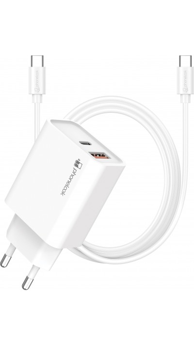 Pack chargeur USB-C/USB-A 25W avec câble de charge (1 m) USB-C vers USB-C - Blanc