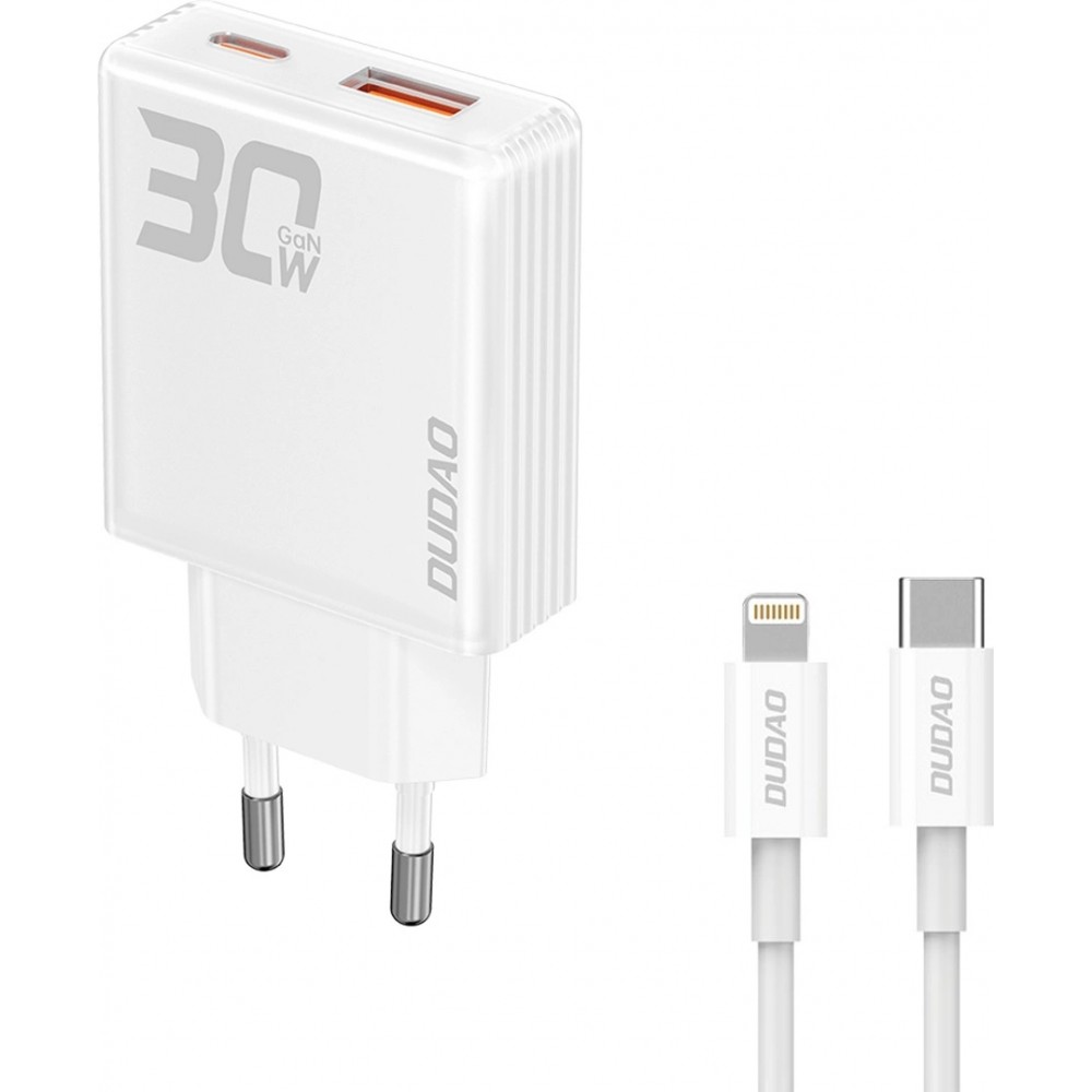 Pack chargeur mural 30W USB-A / USB-C GaN Dudao A30EUT avec c&acirc;ble USB-C vers Lightning iPhone - Blanc