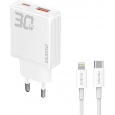 Pack chargeur mural 30W USB-A / USB-C GaN Dudao A30EUT avec c&acirc;ble USB-C vers Lightning iPhone - Blanc