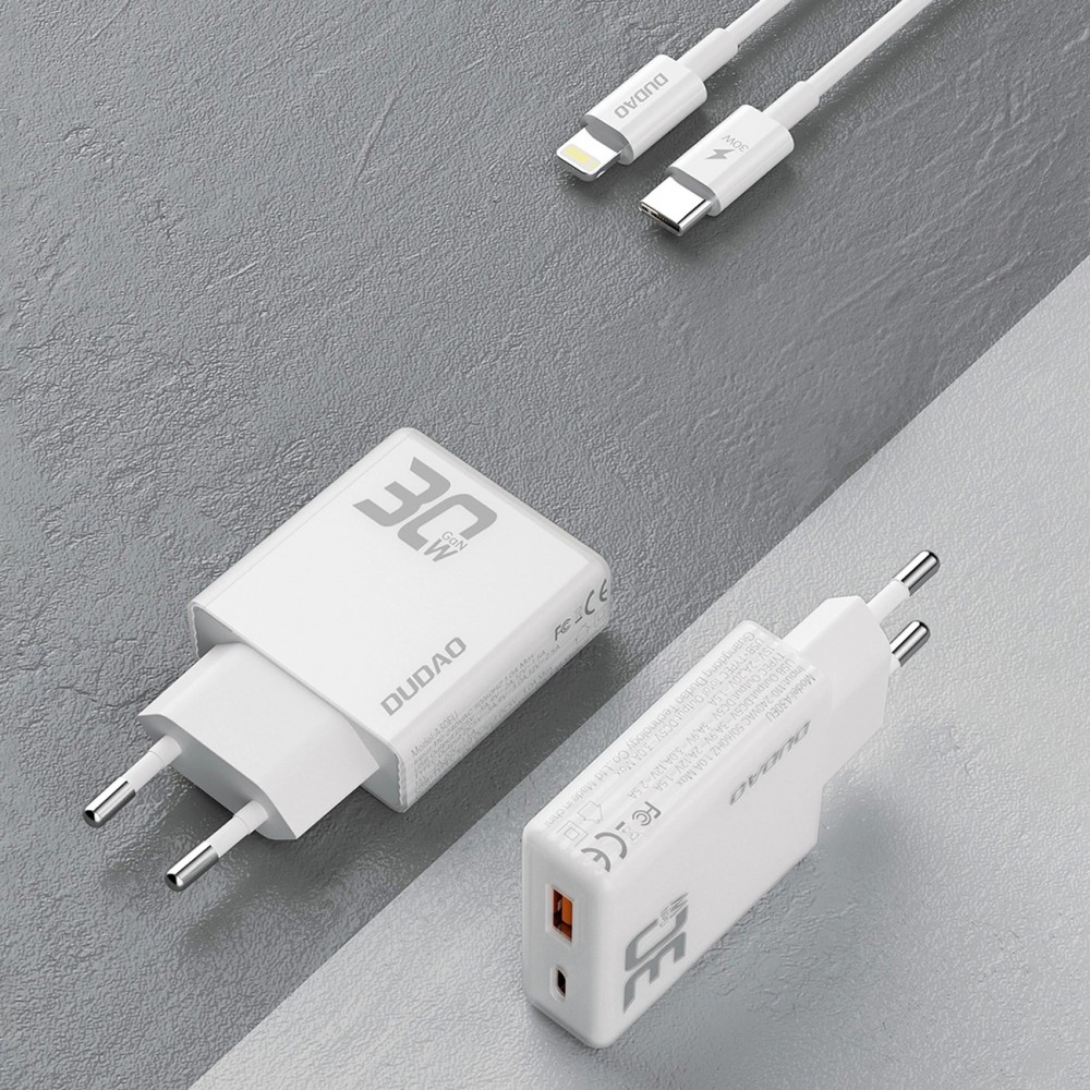 Pack chargeur mural 30W USB-A / USB-C GaN Dudao A30EUT avec c&acirc;ble USB-C vers Lightning iPhone - Blanc