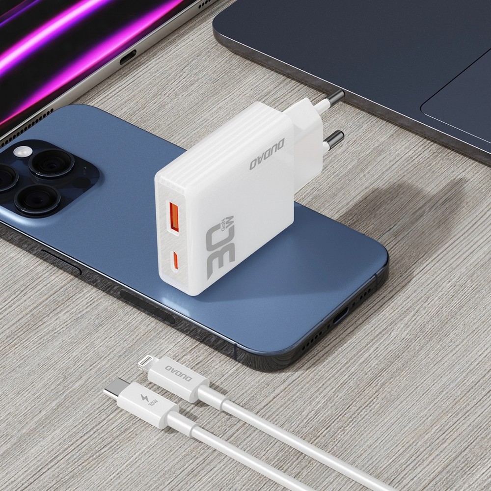 Pack chargeur mural 30W USB-A / USB-C GaN Dudao A30EUT avec c&acirc;ble USB-C vers Lightning iPhone - Blanc