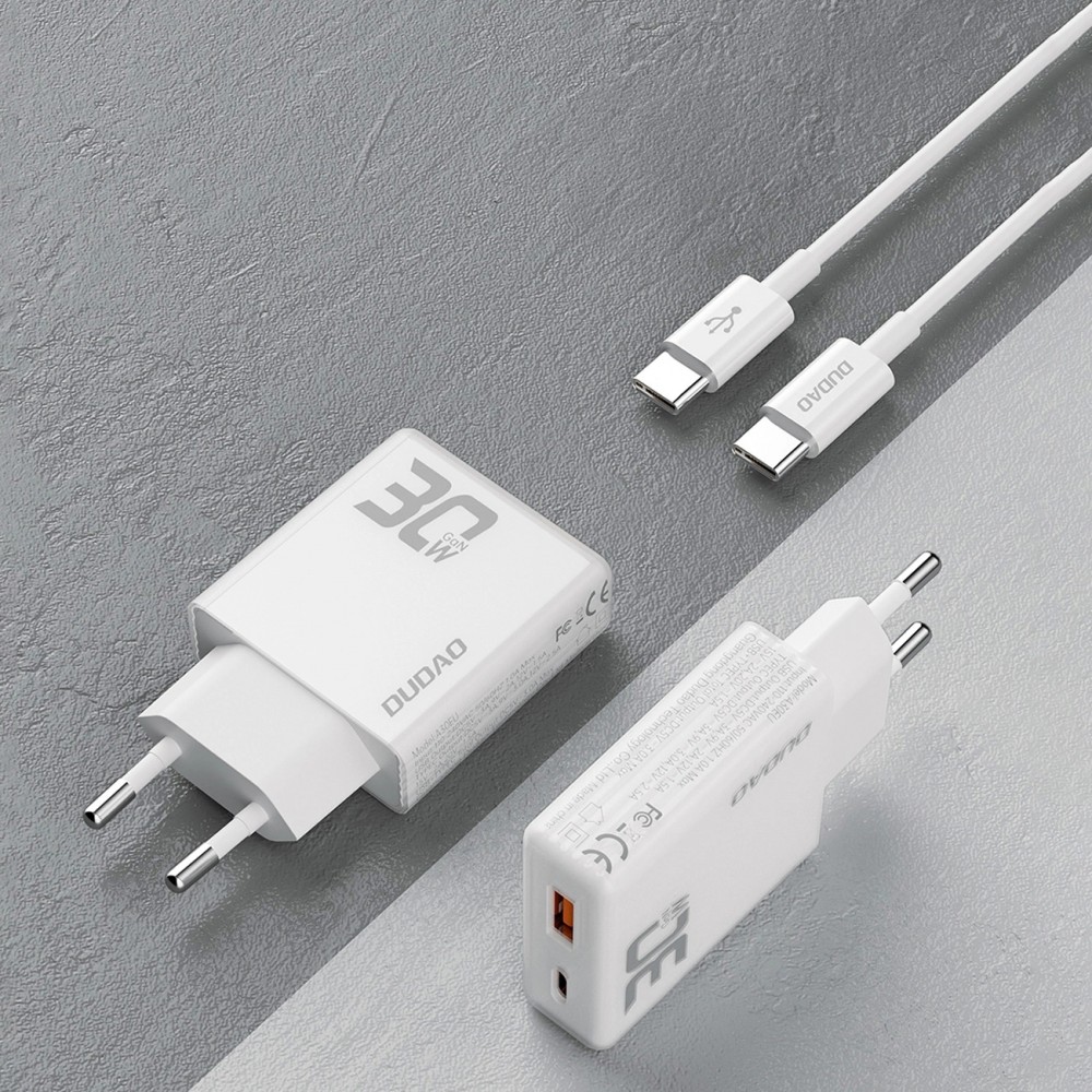 Pack chargeur mural 30W USB-A / USB-C GaN Dudao A30EUT avec câble USB-C vers USB-C - Blanc