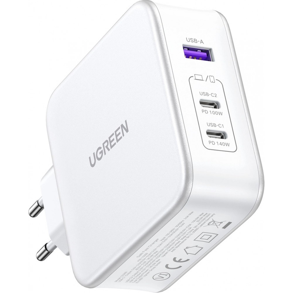 Ugreen Nexode CD289 140W GaN Wandladegerät und Kabel - 1,5m USB-C auf USB-C, 2xUSB-C, USB-A - Weiss