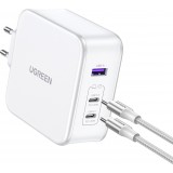 Ugreen Nexode CD289 140W GaN Wandladegerät und Kabel - 1,5m USB-C auf USB-C, 2xUSB-C, USB-A - Weiss