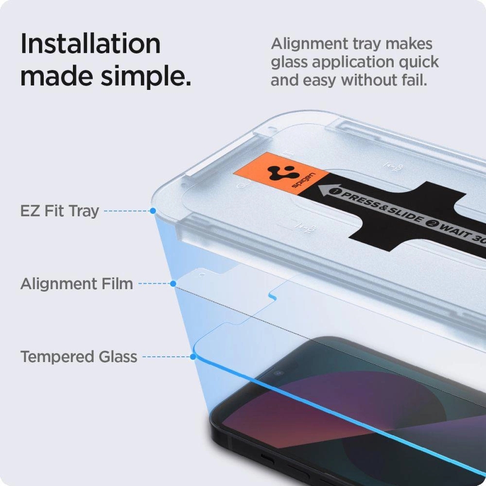 Pack de 2 vitres de protection Spigen Glas.tR EZ Fit avec système d'installation facile - iPhone 13 / 13 Pro / 14 / 16e