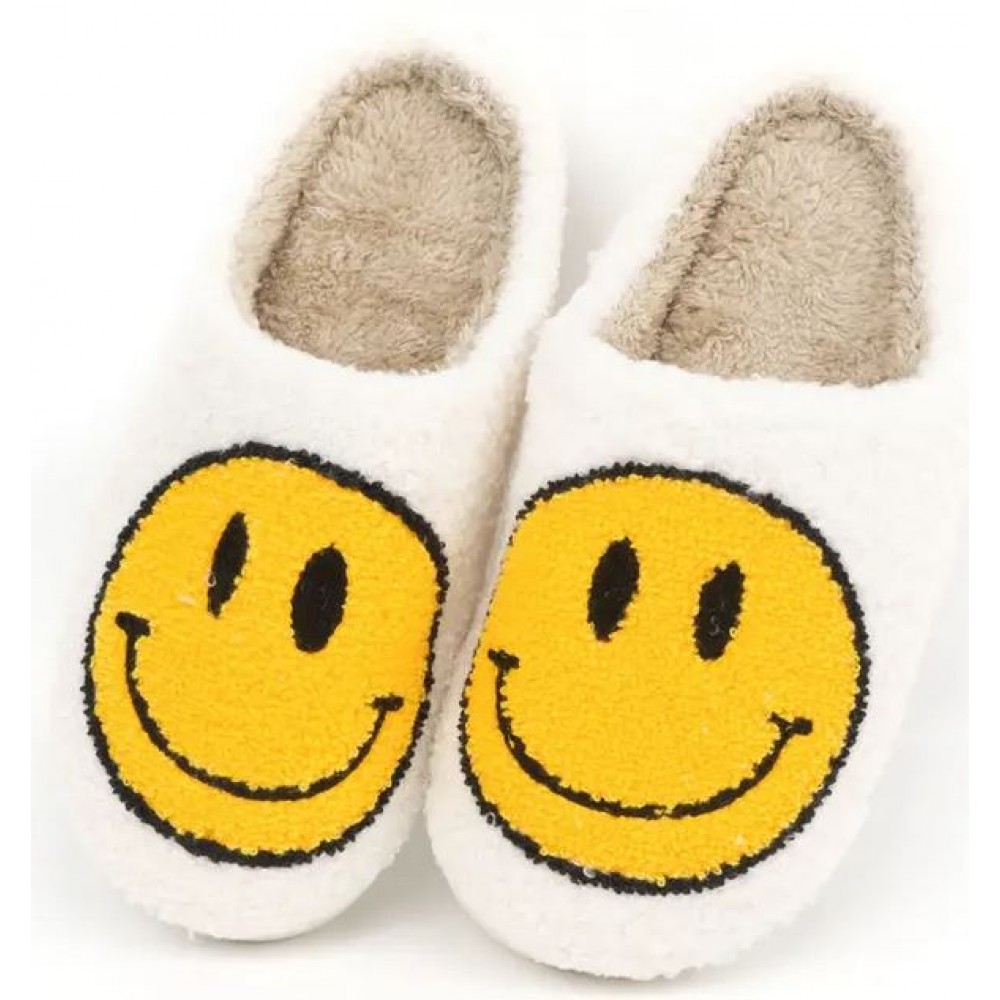 Pantoufles d'hiver douillettes et chaudes Smiley - taille 37-38 - Blanc/jaune