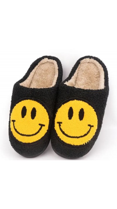 Pantoufles d'hiver douillettes et chaudes Smiley - taille 37-38 - Noir/jaune