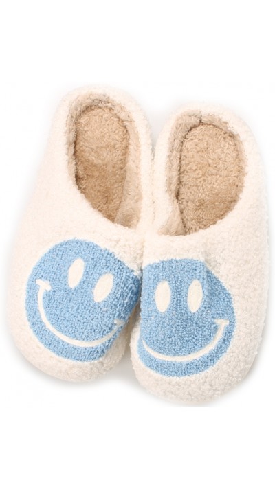 Pantoufles d'hiver douillettes et chaudes Smiley - taille 37-38 - Blanc/bleu