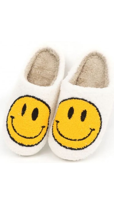 Pantoufles d'hiver douillettes et chaudes Smiley - taille 43-44 - Blanc/jaune