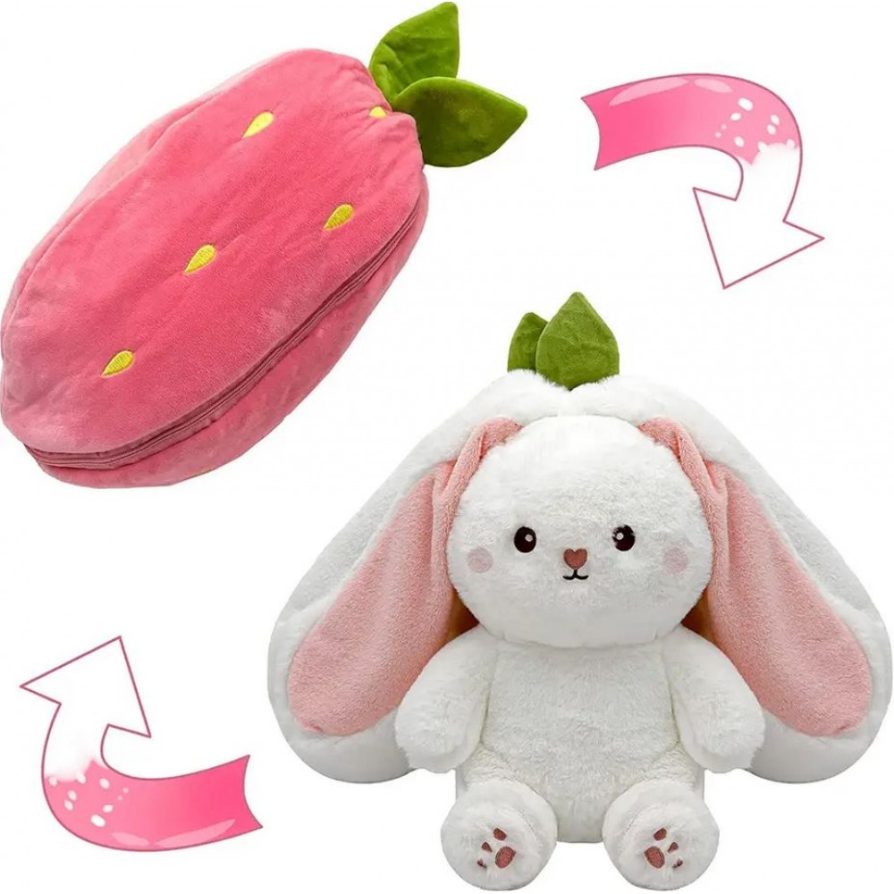 Peluche convertible lapin mignon à fraise fruitée 2 en 1 jouet - Blanc