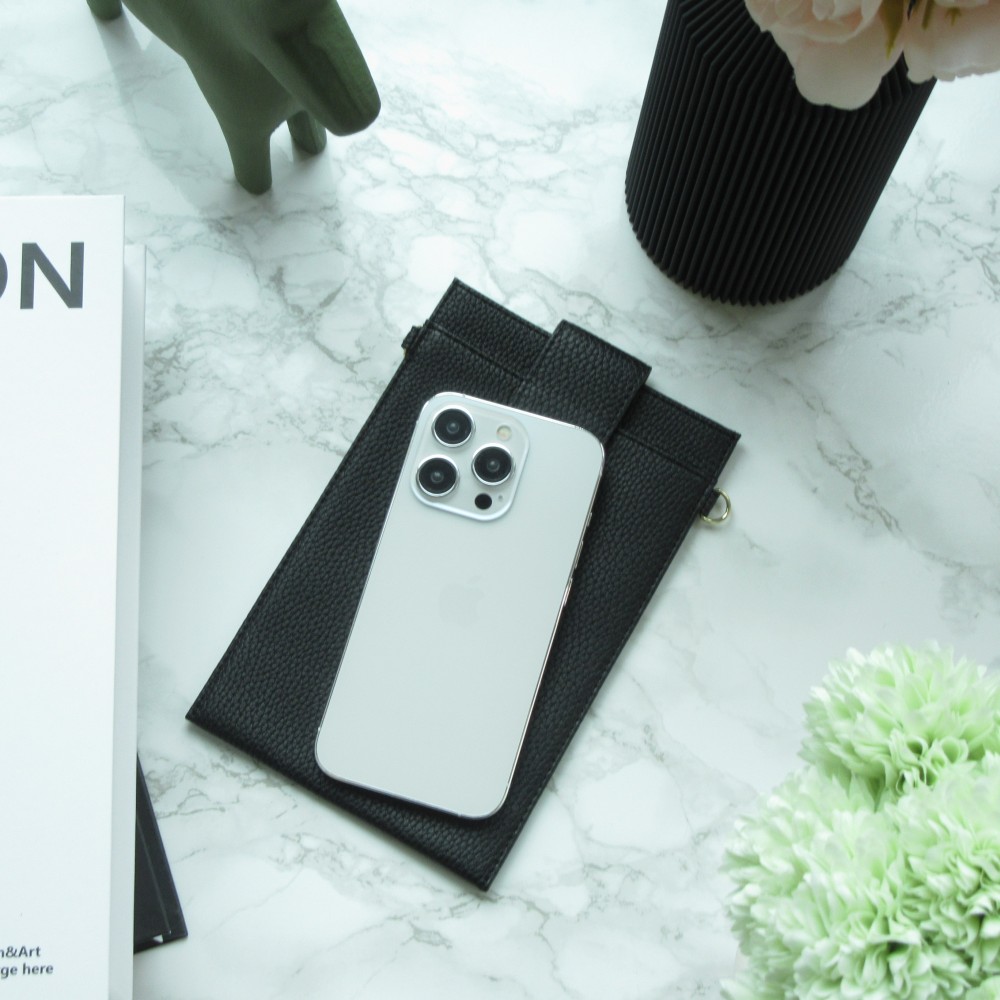 Pochette à bandoulière universelle pour smartphone en cuir végétal avec lanière en cuir (végétal) - Noir