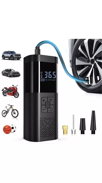 Pompe &agrave; pneus portable 150PSI avec manom&egrave;tre LED et recharge rapide sans fil pour voiture moto v&eacute;lo