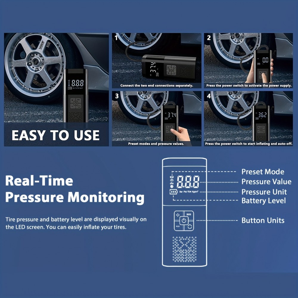 Tragbare Luftkompressor Reifenpumpe 150PSI mit Manometer LED Licht kabellos für Auto Motorrad Fahrrad