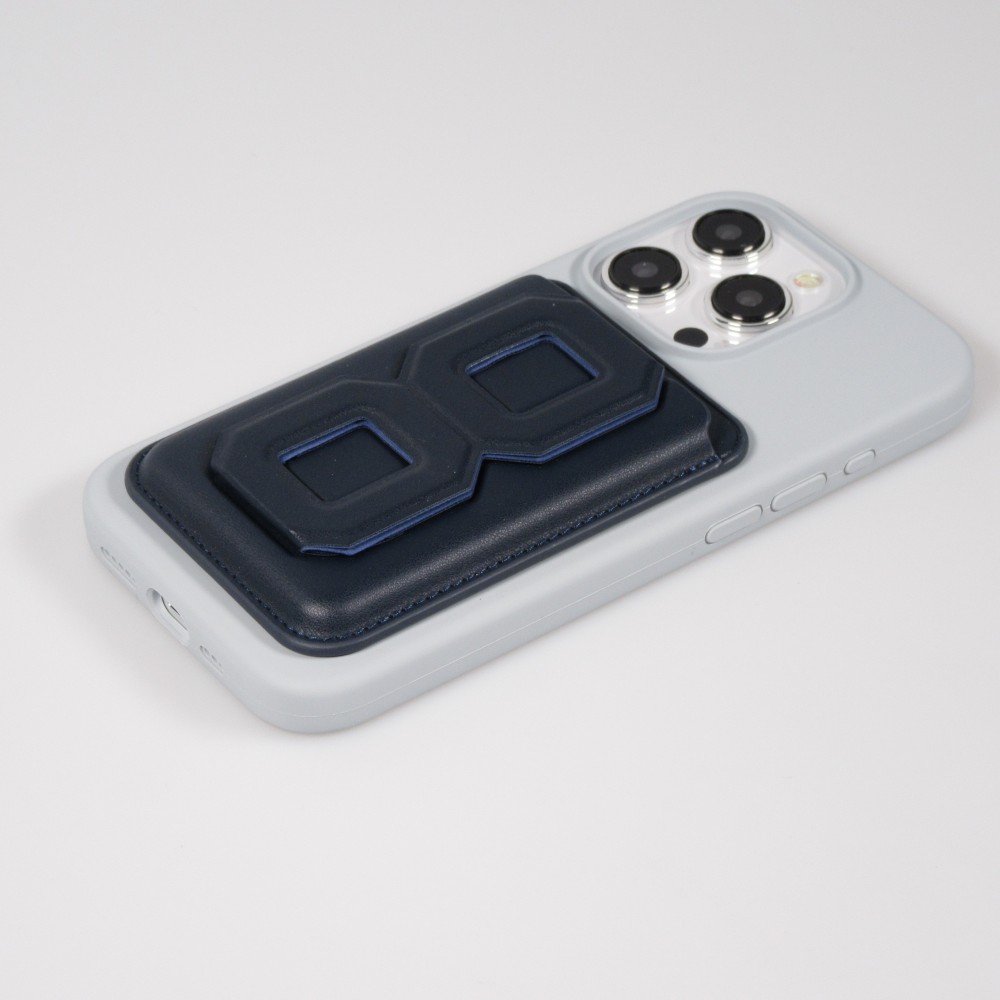 Porte-cartes magnétique wallet MagSafe cuir végan avec aimant fort et support pliable intégré - Bleu foncé