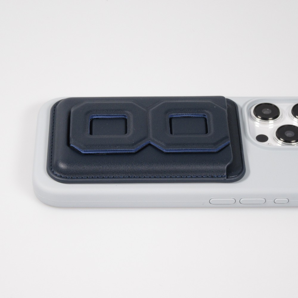 Porte-cartes magnétique wallet MagSafe cuir végan avec aimant fort et support pliable intégré - Bleu foncé