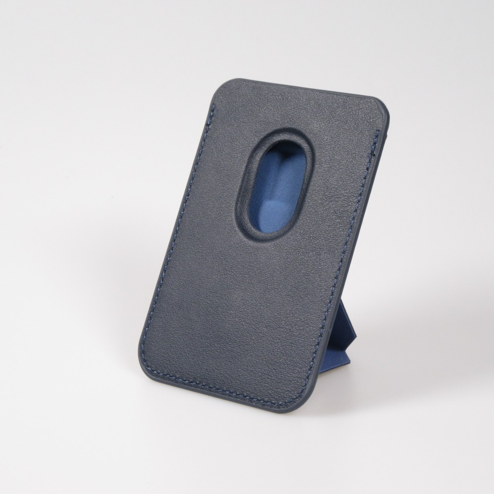 Porte-cartes magnétique wallet MagSafe cuir végan avec aimant fort et support pliable intégré - Bleu foncé