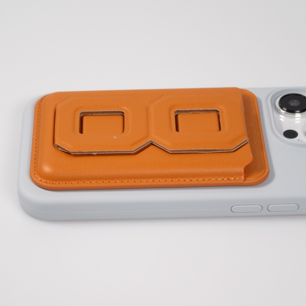 Porte-cartes magnétique wallet MagSafe cuir végan avec aimant fort et support pliable intégré - Brun clair