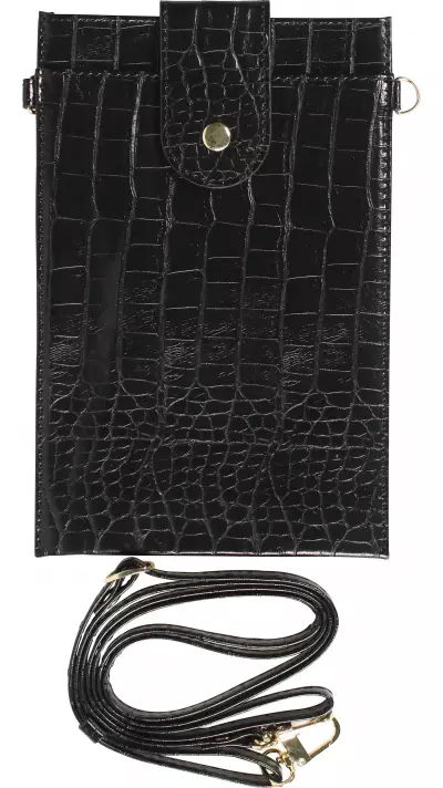 Portefeuille el&eacute;gante universel pour smartphone luxueux en look cuir de crocodile avec lani&egrave;re de cou - Noir