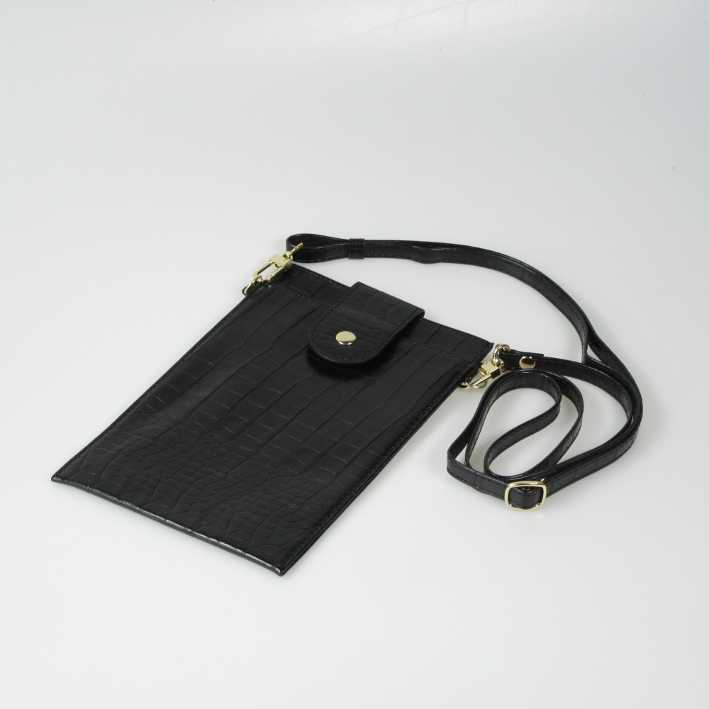 Portefeuille elégante universel pour smartphone luxueux en look cuir de crocodile avec lanière de cou - Noir