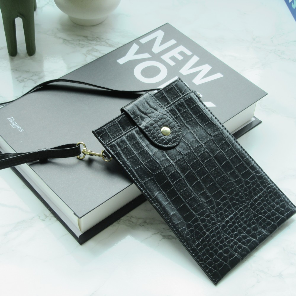 Portefeuille elégante universel pour smartphone luxueux en look cuir de crocodile avec lanière de cou - Noir