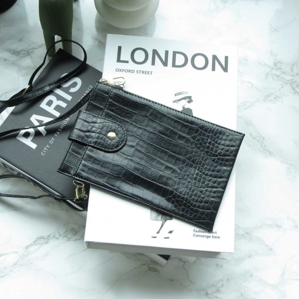 Portefeuille elégante universel pour smartphone luxueux en look cuir de crocodile avec lanière de cou - Noir