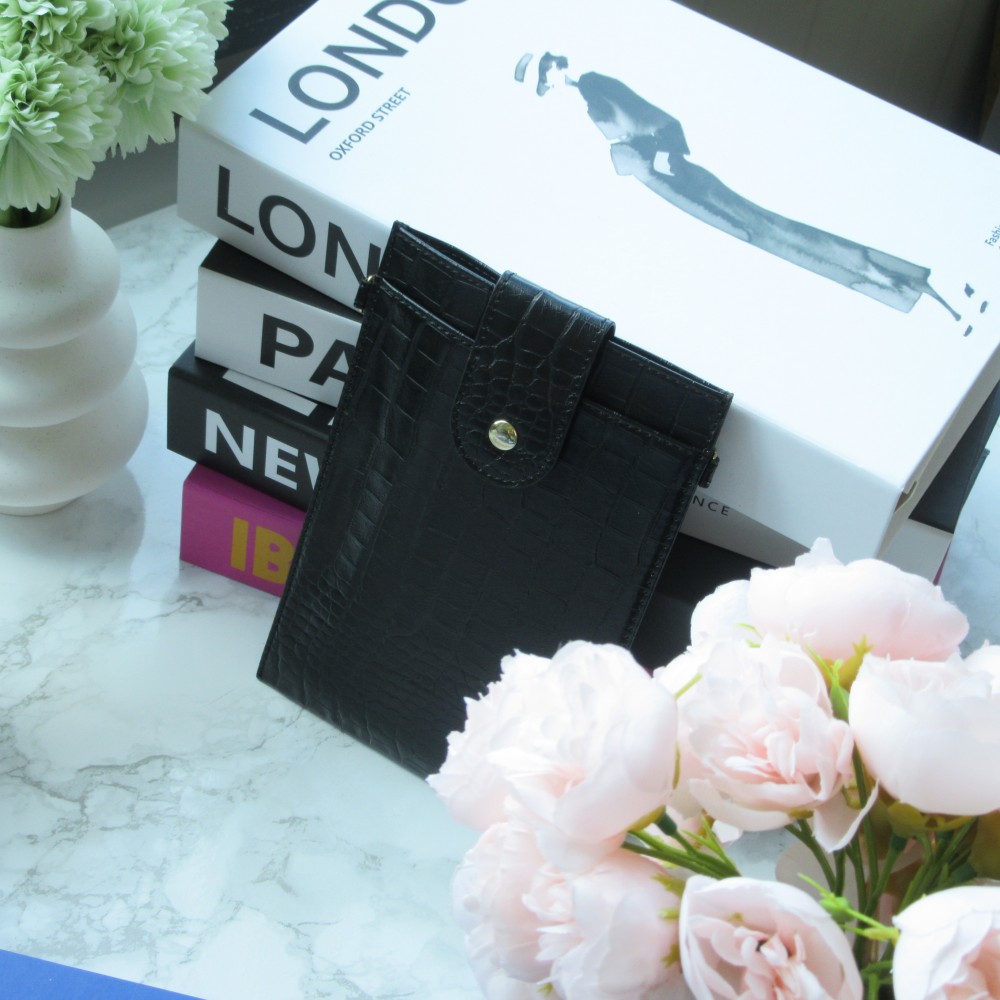Portefeuille elégante universel pour smartphone luxueux en look cuir de crocodile avec lanière de cou - Noir