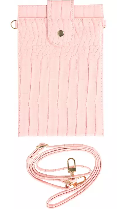 Portefeuille el&eacute;gante universel pour smartphone luxueux en look cuir de crocodile avec lani&egrave;re de cou - Rose