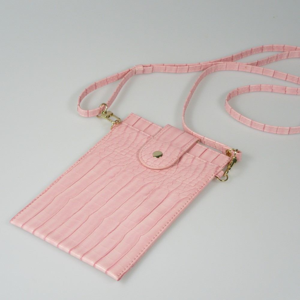 Portefeuille elégante universel pour smartphone luxueux en look cuir de crocodile avec lanière de cou - Rose